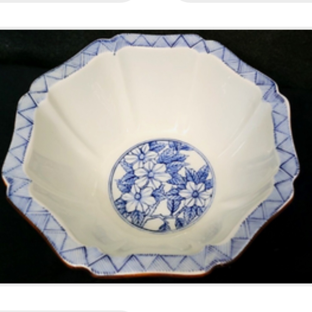 FITZ AND FLOYD Japan Octagon Vegetable Bowl, Ceramic Blue & White w/ Brown rim